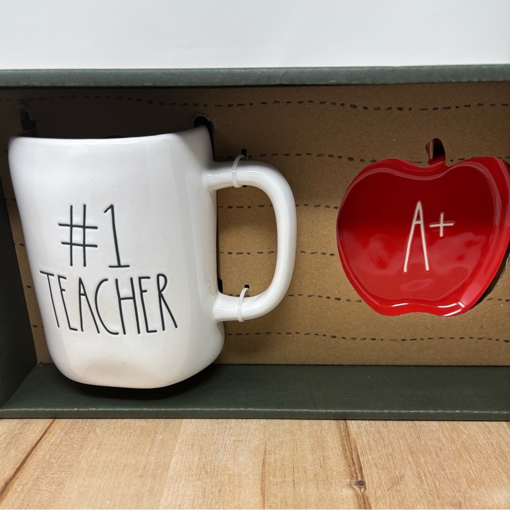 Rae Dunn #1 Teacher Mug White Red Interior with A+ Trinket Red Tray Gift Set New